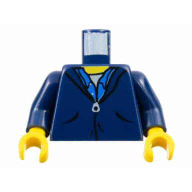 dark blue torso jacket with pockets and zipper over blue button up shirt and white undershirt yellow neck pattern dark blue arms yellow hands
