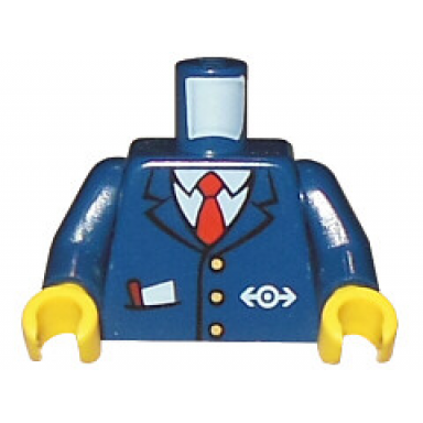 dark blue torso train with logo three gold buttons red tie pencil paper in pocket pattern dark blue arms yellow hands