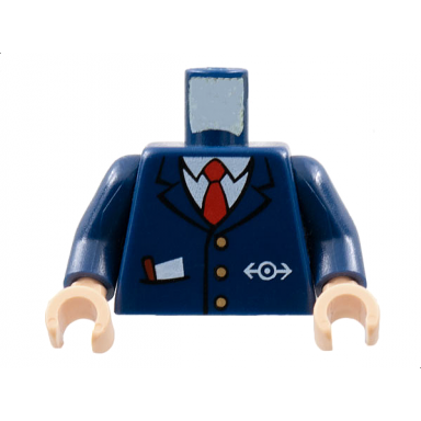 dark blue torso train with logo three gold buttons red tie pencil paper in pocket pattern dark blue arms light nougat hands