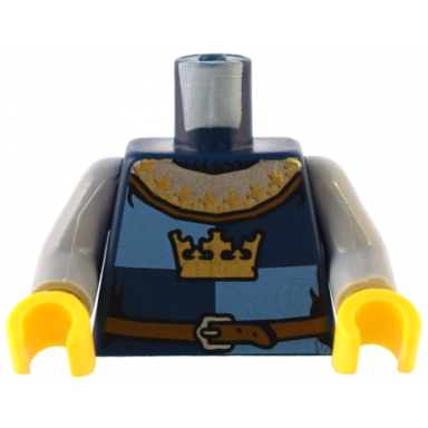 dark blue torso castle fantasy era gold crown and reddish brown belt with silver buckle on medium blue and dark blue quarters pattern light bluish gray arms yellow hands