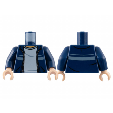 dark blue torso harry potter jacket with stripe over gray shirt pattern dark blue arms light nougat hands