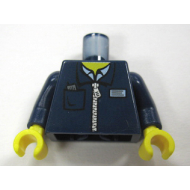 dark blue torso zipper jacket with light blue shirt and ticket in pocket pattern dark blue arms yellow hands