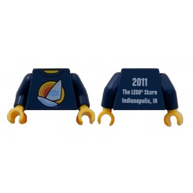 dark blue torso shirt with white sailboat over red concentric circles sun yellow neck 2011 the lego store indianapolis in on back pattern dark blue arms yellow hands