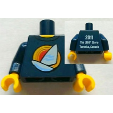 dark blue torso shirt with white sailboat over red concentric circles sun yellow neck 2011 the lego store toronto canada on back pattern dark blue arms yellow hands