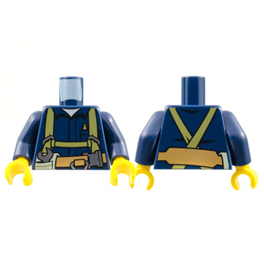 dark blue torso shirt with harness and wrench printed back pattern dark blue arms yellow hands