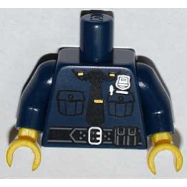 dark blue torso police shirt with silver badge pockets pen black tie and belt pattern dark blue arms yellow hands