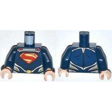 dark blue torso super hero costume with black muscles outline red and gold superman s logo silver trim oval clasp pattern dark blue arms light nougat hands