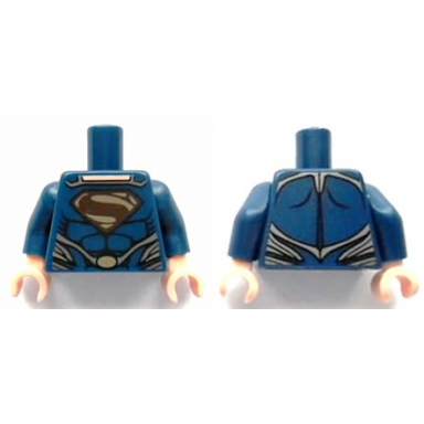 dark blue torso super hero costume with black muscles outline dark brown and gold superman s logo silver trim oval clasp pattern dark blue arms light nougat hands