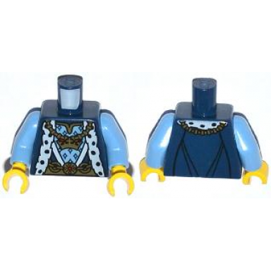 dark blue torso castle king robe with fur trim and gold chain with crown pattern medium blue arms yellow hands