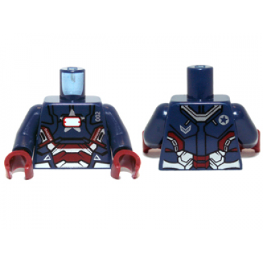 dark blue torso armor with 002 danger white rectangle and silver and red plates pattern dark blue arms dark red hands