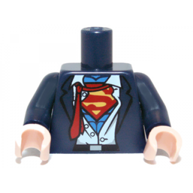 dark blue torso suit rumpled white shirt with red tie and red and yellow superman s logo pattern dark blue arms light nougat hands