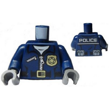 dark blue torso police jacket with white undershirt zippers gold badge and buckle with police pattern on back dark blue arms dark bluish gray hands