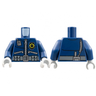 dark blue torso police 3 zippers minifigure head badge radio and belt with pockets pattern dark blue arms light bluish gray hands