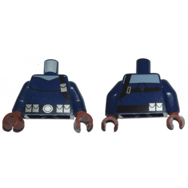 dark blue torso spider-man black shoulder strap and belt with silver pouches on front and back pattern nick fury dark blue arms reddish brown hands