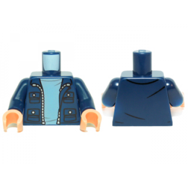dark blue torso jacket with 4 pockets silver buttons and zipper pattern dark blue arms light nougat hands