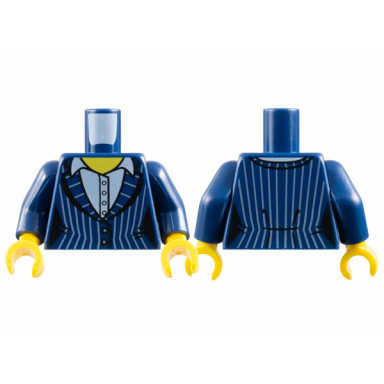 dark blue torso female pinstripe suit jacket over white shirt pattern dark blue arms yellow hands