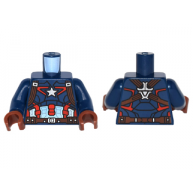dark blue torso armor with silver star on chest and red white and reddish brown harness pattern dark blue arms reddish brown hands