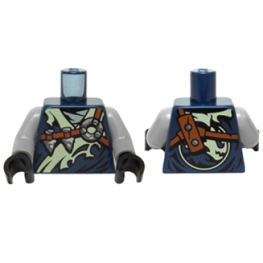 dark blue torso ninjago robe tattered yellowish green collar reddish brown straps silver arrowheads pattern light bluish gray arms black hands