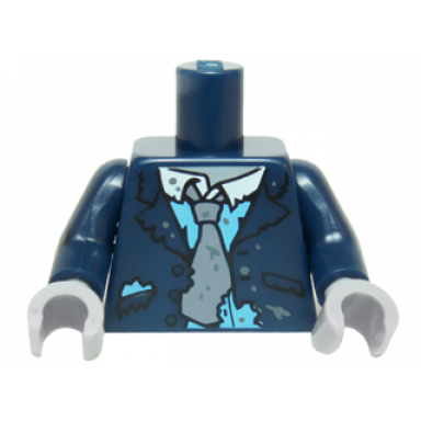 dark blue torso suit coat tattered muddy white collar gray tie blue shirt pattern dark blue arm left dk blue arm right with torn sleeve light bluish gray hands