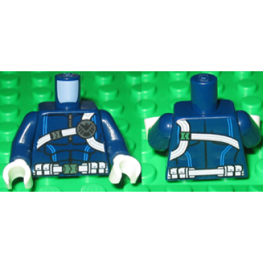 dark blue torso muscles outline with black and silver shield logo on white harness straps and utility belt pattern dark blue arms white hands