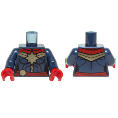 dark blue torso female outline with gold 8 point star and zipper and red tied sash pattern dark blue arms red hands