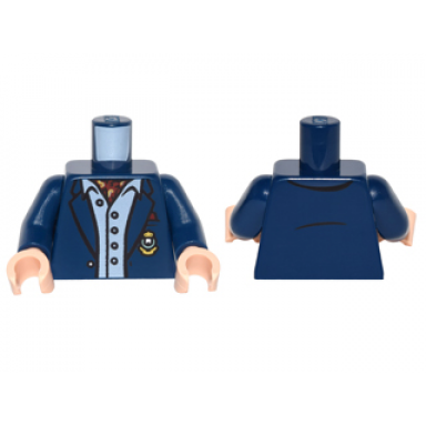 dark blue torso batman suit jacket light blue button down shirt open collar red ascot gold monogram pattern dark blue arms light nougat hands