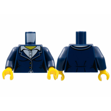 dark blue torso female suit jacket with white collar shirt with buttons pattern dark blue arms yellow hands