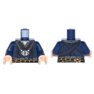 dark blue torso coat over dark bluish gray shirt metallic silver eye-shaped medallion pattern dark blue arms light nougat hands