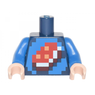 dark blue torso shirt with pixelated porkchop icon on blue background pattern blue arms light nougat hands