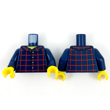 dark blue torso shirt dark red plaid front and back 4 white buttons wide yellow neck pattern dark blue arms yellow hands