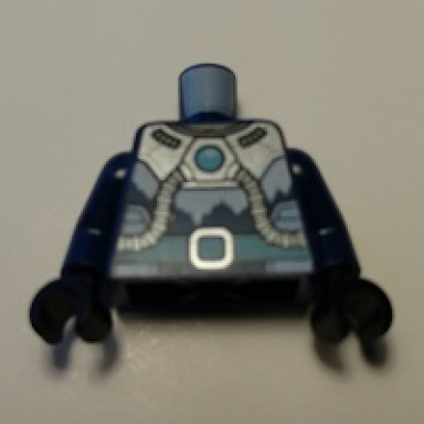 dark blue torso armor with medium azure round crystal and belt silver tubes and buckle and white ice pattern dark blue arms black hands