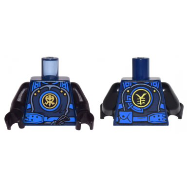 dark blue torso ninjago armor with blue straps and utility belt with lightning power emblem pattern black arms black hands