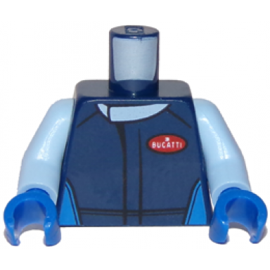 dark blue torso racing suit with 3 and bugatti on front and larger 3 and bugatti on back pattern bright light blue arms blue hands