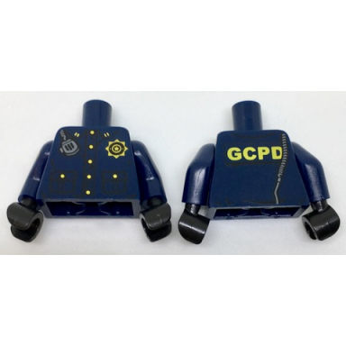 dark blue torso police uniform gold buttons and badge radio over shoulder and gcpd on back pattern dark blue arms with gold badge right black hands