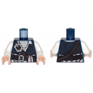 dark blue torso potc brocade vest with white open shirt over tan chest with belts and red and white sash pattern white arms light nougat hands