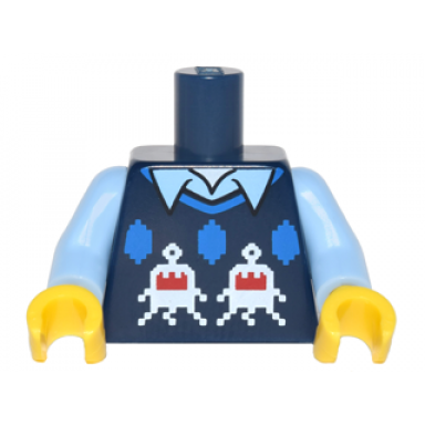 dark blue torso knit vest with white and red creatures over bright light blue shirt with collar pattern bright light blue arms yellow hands