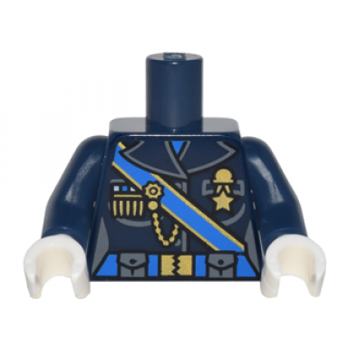 dark blue torso female outline military uniform with blue sash and belt and gold chain and medals pattern dark blue arms white hands