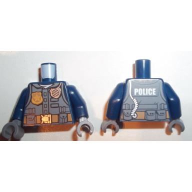 dark blue torso police jacket with dark bluish gray vest gold badge radio and police pattern on back dark blue arms dark bluish gray hands