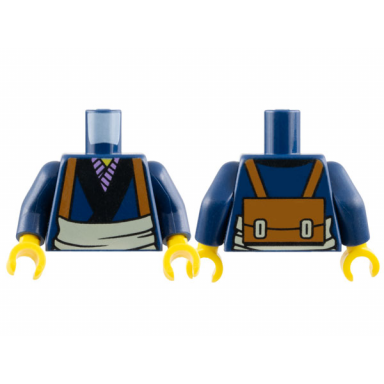 dark blue torso kimono with black and lavender trim tan waist sash and medium nougat backpack with straps pattern dark blue arms yellow hands