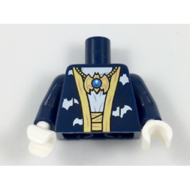 dark blue torso batman robe with gold hems and white bats over white shirt with gold bat amulet and sash pattern dark blue arms white hands