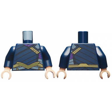 dark blue torso tunic with gold shoulder clasp and belt dark purple and bright light blue trim pattern dark blue arms light nougat hands
