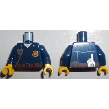 dark blue torso police uniform with gold badge over white shirt silver radio reddish brown belt with buckle and pouches pattern dark blue arms yellow hands