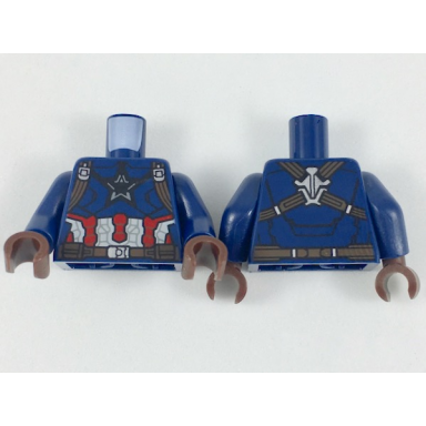 dark blue torso armor with dark star on chest and red white and reddish brown harness pattern dark blue arms dark brown hands