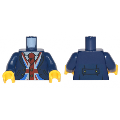 dark blue torso jacket over vest with united kingdom flag union jack and red tie pattern dark blue arms yellow hands