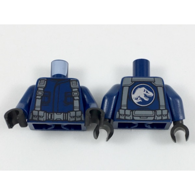 dark blue torso shirt with pockets dark bluish gray suspenders and belt with pouches silver jurassic world logo on back pattern dark blue arms black hands