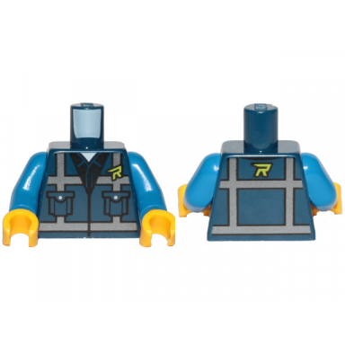 dark blue torso safety vest with reflective crossed stripes over black shirt and lime r pattern blue arms yellow hands