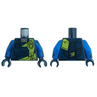 dark blue torso spacesuit with lime r and stripe over reflective shirt pattern blue arms with dark blue pads dark blue hands