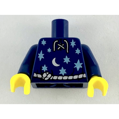 dark blue torso lace-up shirt with moon and stars and silver rope belt pattern bam dark blue arms yellow hands