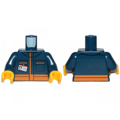 dark blue torso jumpsuit with orange stripes and white minifigure id badge pattern dark blue arms yellow hands