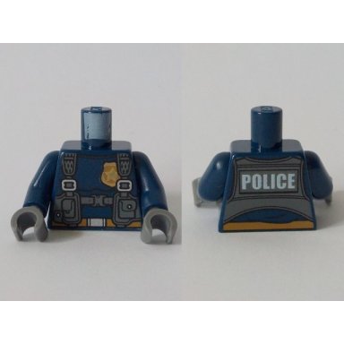 dark blue torso police with harness gold star badge logo belt and police on back pattern dark blue arms dark bluish gray hands